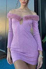 BXOXO - Off-shoulder Fur Collar Cutout Pack Hip Dress