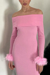 BXOXO - Off-shoulder Fuzzy Cuff Ribbed Knit Dress
