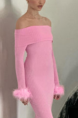BXOXO - Off-shoulder Fuzzy Cuff Ribbed Knit Dress