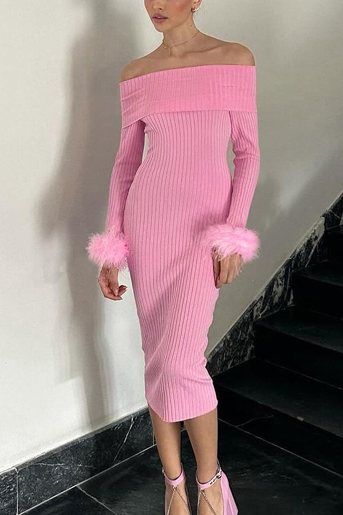 BXOXO - Off-shoulder Fuzzy Cuff Ribbed Knit Dress