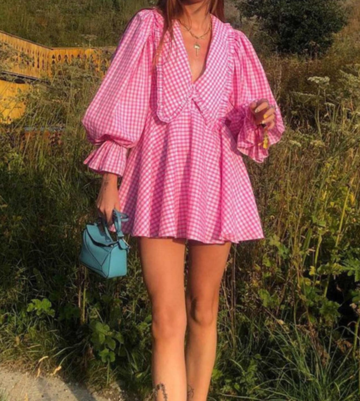 BXOXO - Pink Plaid Lapel A-Line Babydoll Dress