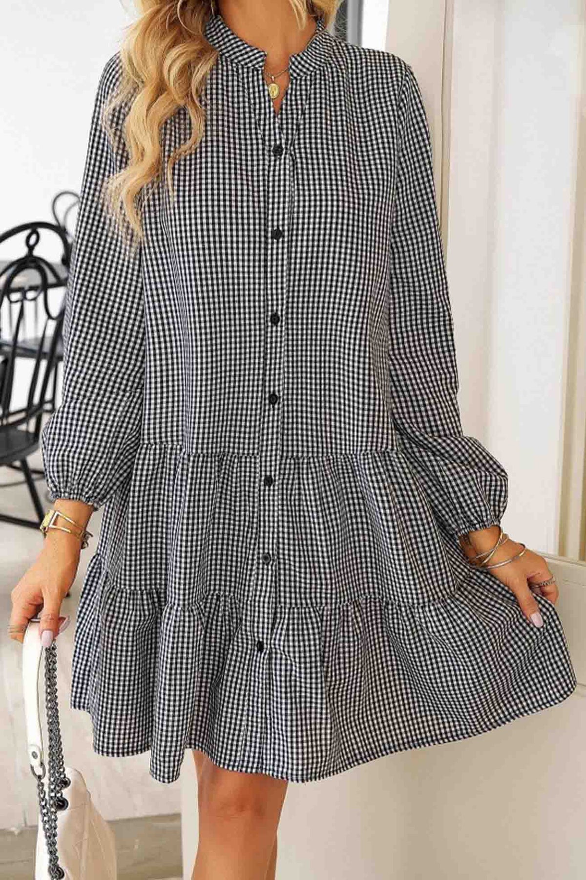 BXOXO - Plaid Button A-line Tiered Dress