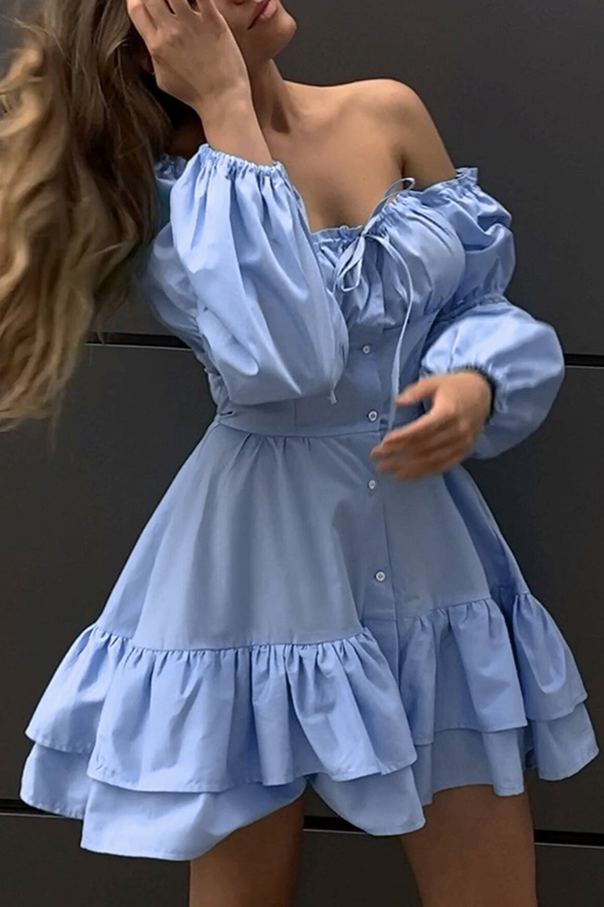 BXOXO - Puff Sleeve Single-breasted Ruffle Dress