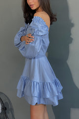 BXOXO - Puff Sleeve Single-breasted Ruffle Dress