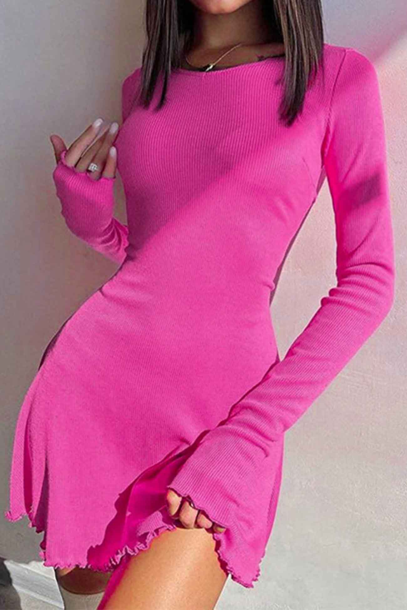 BXOXO - Crew Neck Back Strap Long Sleeve Mini Dress