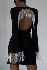 BXOXO - Rhinestone Fringe Backless Mini Dress