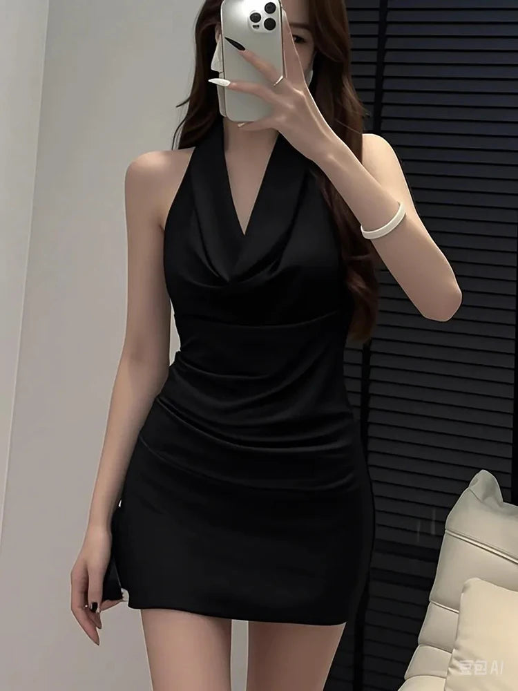 Bxoxo Elegant Halter Neck Black Mini Skirt Women Summer Fashion Lace Patchwork Slim Dress Y2K Sexy Off Shoulder Sleeveless Vestidos