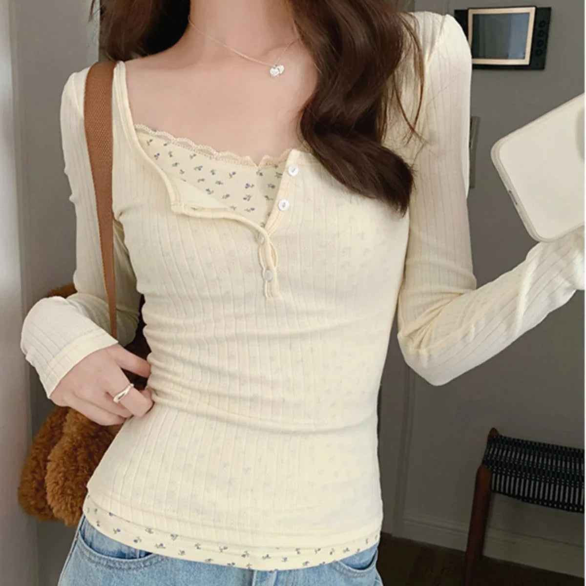 BXOXO FALL OUTFIT T-shirts Women Floral Fake Two Pieces Korean Fashionable Designed All-match Hotsweet Y2k Tops High Street Basic Clothes Fairy