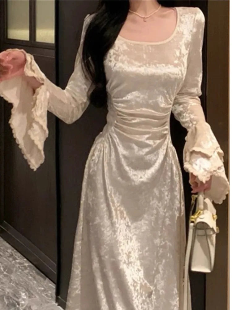 Bxoxo Autumn Elegant Velvet Midi Dresses For Women Lace Patchwork Flare Sleeve A-line Birthday Party Dress Vestidos Mujer New