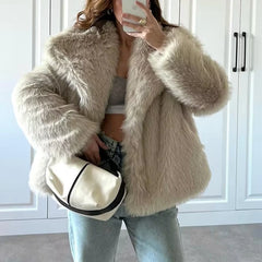 Women Faux Fur Coat Warm Winter Long Sleeve Lapel Collar Coat Outwear Elegant Lady Fashion Jacket 90s Vintage Y2K Streetwear