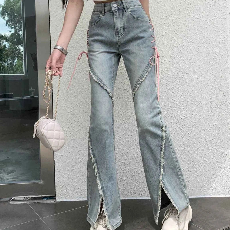 BXOXO American Split Jeans Women Pink Bandage High Waist Irregular Spliced Denim Pants Zipper Fly Trousers Y2k Pantalon Femme