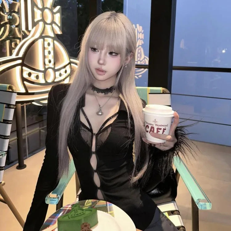 BXOXO Black V-neck Lace Patchwork Tops Mujer Sexy Hollow Out Slim Fit T-shirt for Women 2025 Autumn New Long Sleeve Tee Shirt