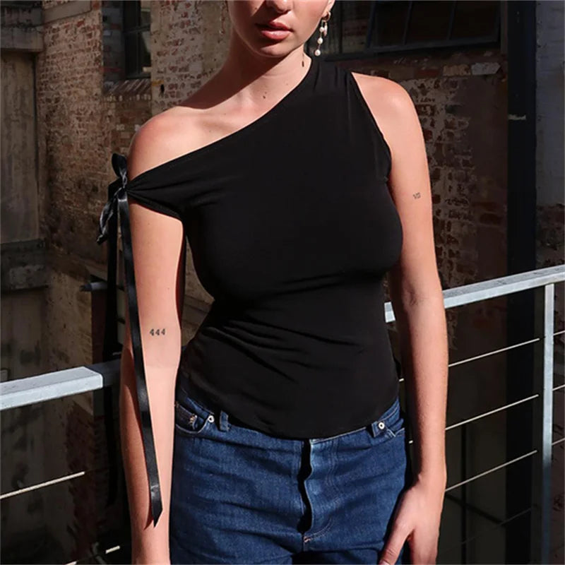 BXOXO Slash Neck Lace up Slim Fit Cropped Tops Women y2k Bow Strappy T-shirt Clubwear Vintage Tank Tops Summer Vest Streetwear