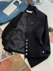 Bxoxo Black Stand Collar Crop Jacket Women Y2K Korean Loose Streetwear Zipper Casual Coats Female Fashion Autumn All Match Outerwear