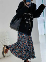 BXOXO Vintage Blue Flower Print Skirt for Women Summer New High Waist A-line Skirts Lazy All-match Mid-length Loose Faldas Mujer