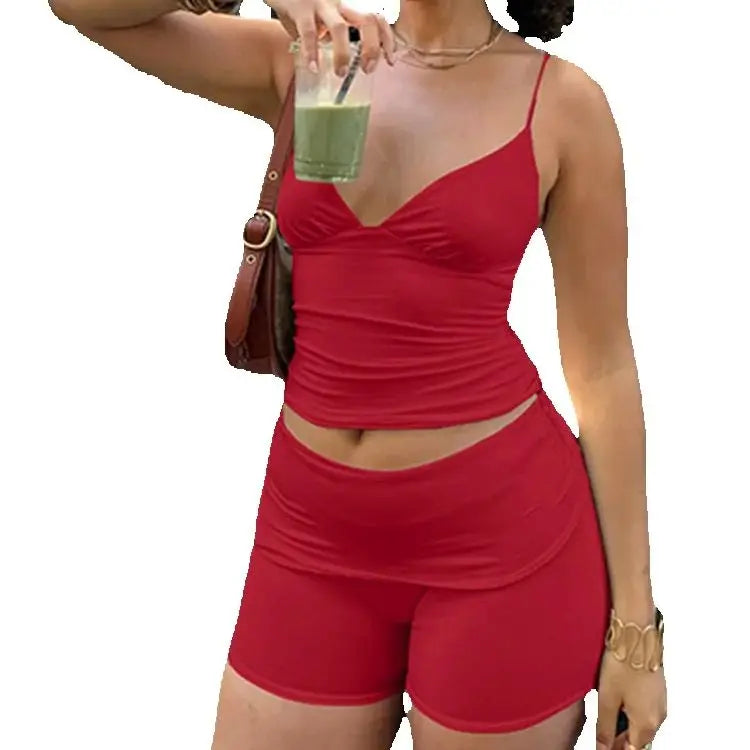 BXOXO Simple 2 Piece Set Women Low-Neck Backless Tank Tops+Skinny Peach Hip Shorts Thin Street Fashion Classic Casual Outfits