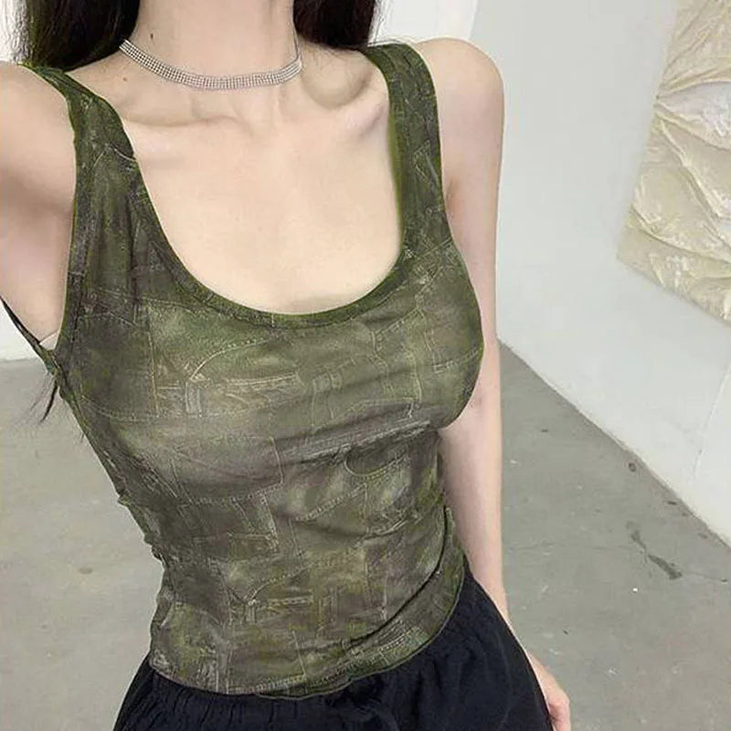 BXOXO Women's Summer Fitted Crop Tops Y2K Vintage Sleeveless U Neck Open Back Vintage Pattern Print Tank Tops E-Girl Streetwear