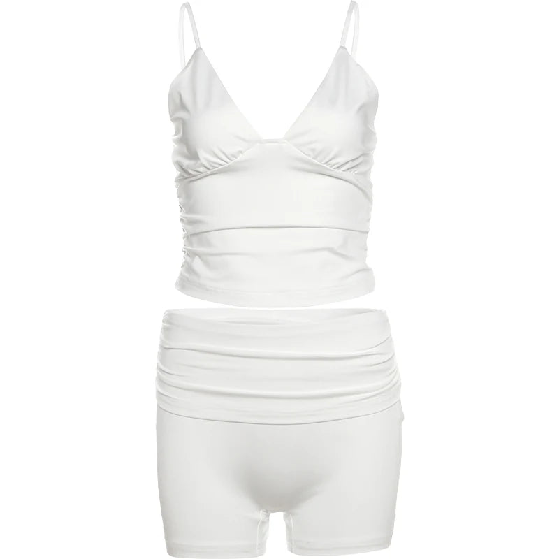 BXOXO Simple 2 Piece Set Women Low-Neck Backless Tank Tops+Skinny Peach Hip Shorts Thin Street Fashion Classic Casual Outfits