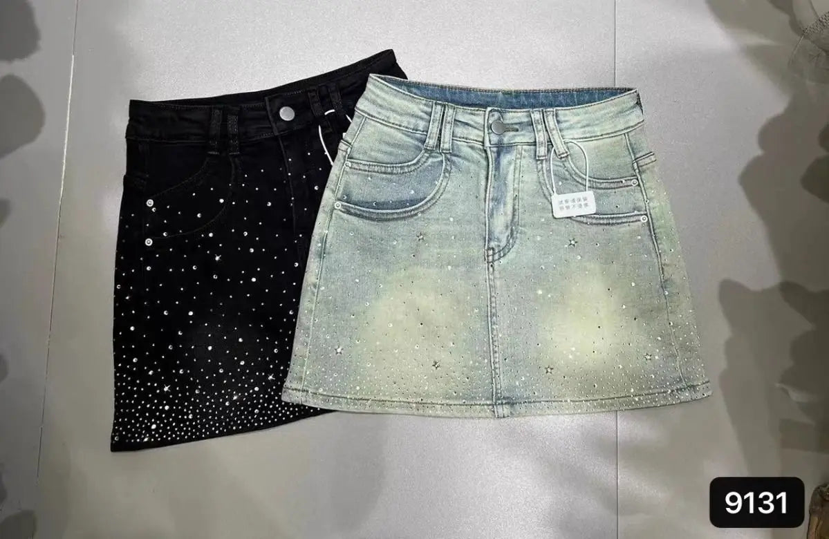 Bxoxo Starry Hot Rhinestone Denim Skirt for Women 2024 Summer New Retro Slimming a-Line Sheath Denim Skirt