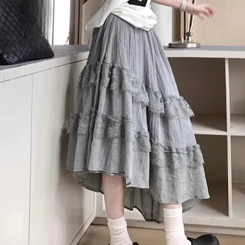 BXOXO Sweet Skirts Women Lace Patchwork Irregular Summer Fashion 2025 Solid Elegant Stretch High Waist Loose Long Skirt