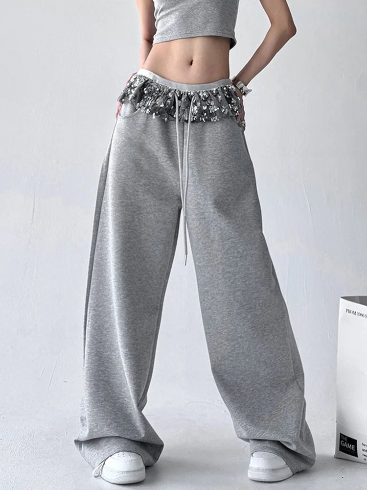 Bxoxo Chic Bright Silk Patchwork Sweatpants Women Loose Streetwear High Waist Casual Pant Fashion Pockets Fall American Gray Trousers