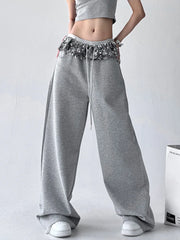 Bxoxo Chic Bright Silk Patchwork Sweatpants Women Loose Streetwear High Waist Casual Pant Fashion Pockets Fall American Gray Trousers