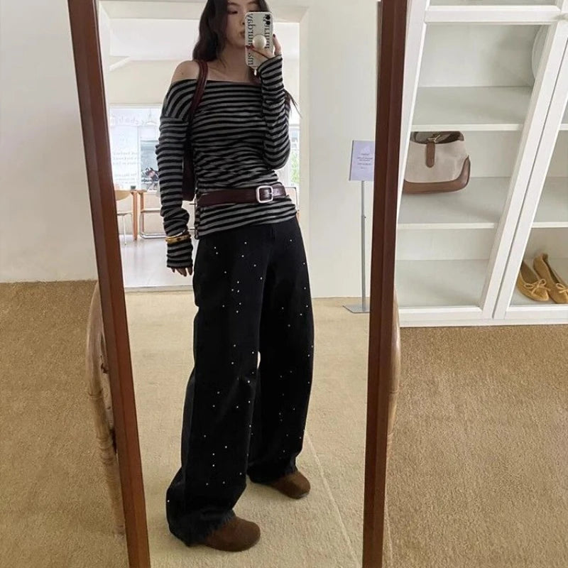 Bxoxo Vintage Striped Women T-Shirts Skew Collar Off Shoulder Long Sleeve American Retro Tees Slim Casual Streetwear Spring