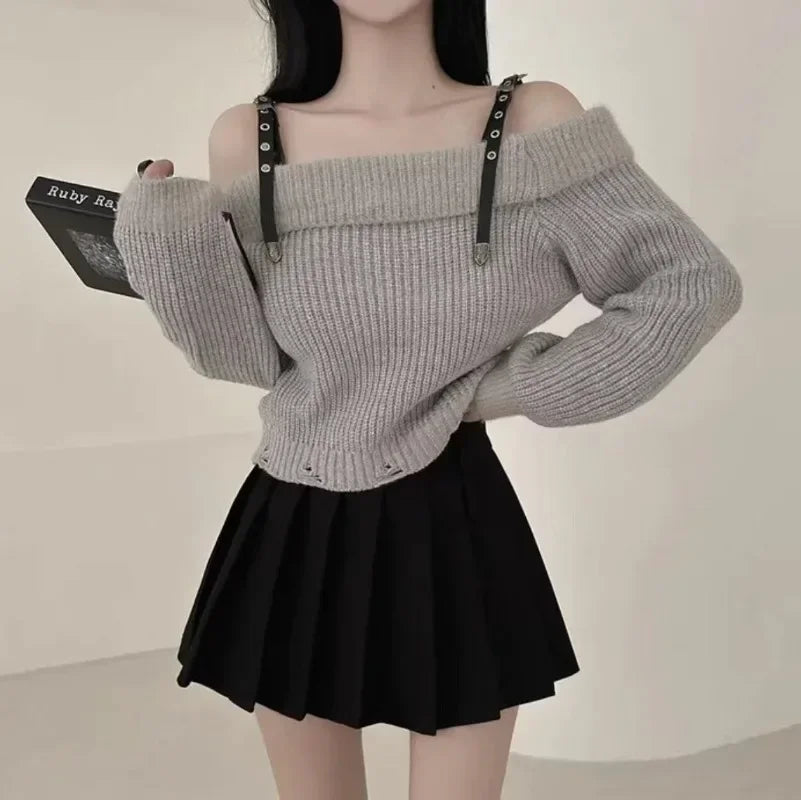 Bxoxo Strapless Sweaters Jumper Y2k Clothes Sexy Off Shoulder Vintage Red Pullover Tops Knitwear Autumn Loose Sueter Mujer 2025