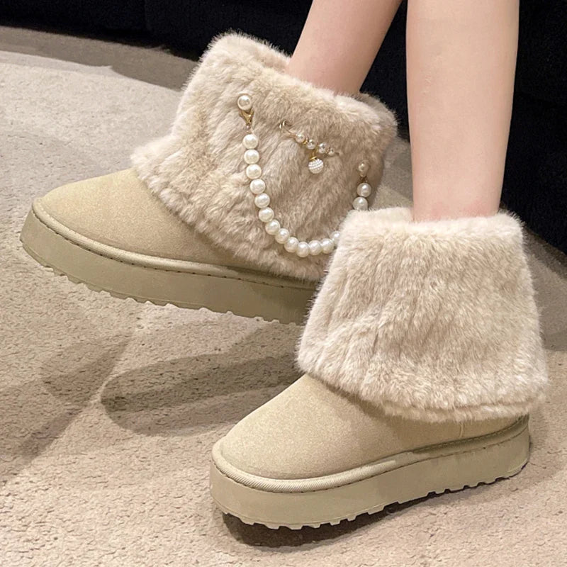 BXOXO Winter New String Bead Plush Women's Boots Warm Stylish Thick Platform Slip On Boots Faux Fur Plus Size 43 Ankle Botas Shoes