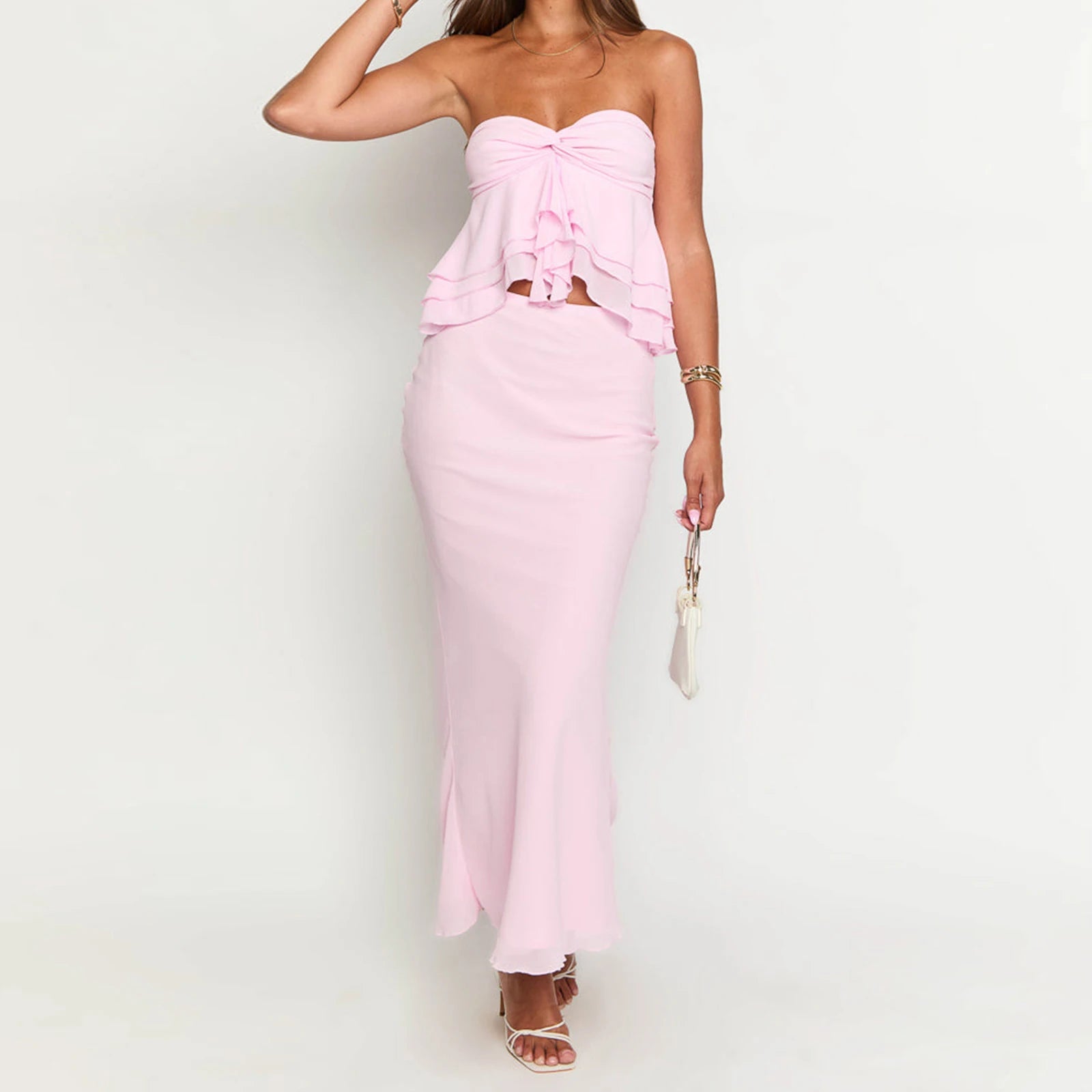 BXOXO Women's Summer 2 Piece Skirts Outfits Solid Color Ruffles Strapless Tube Tops High Waist Long Skirts Party Clothes Set