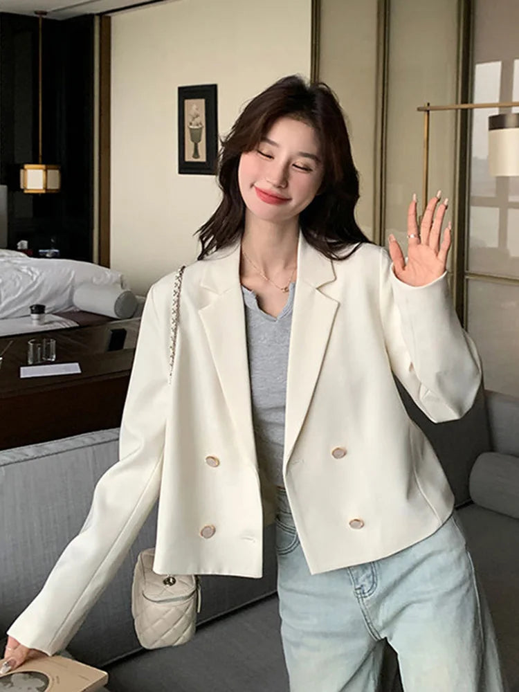 Bxoxo Elegant White Blazer Women Slim Long Sleeve Korean Sweet Suit Coat Casual Fashion Fall Double Breasted Female Chic Short Outwear
