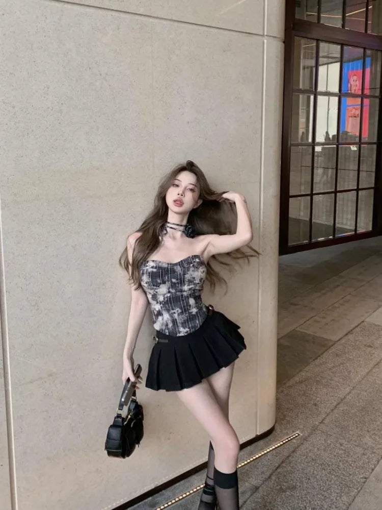 BXOXO Fashion Sweet Plaid 3D Flower Strapless Vest for Women 2025 Summer Irregular Slim Fit Tank Top Y2k Grunge Camisole Mujer
