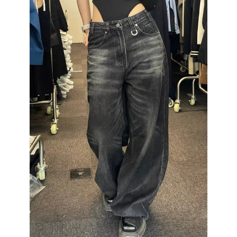 Bxoxo Black Vintage Washed Wide Leg Women's Jeans Y2k Overzised Korean Fashion Denim Pants Baggy Hip Hop Streetwear Gyaru