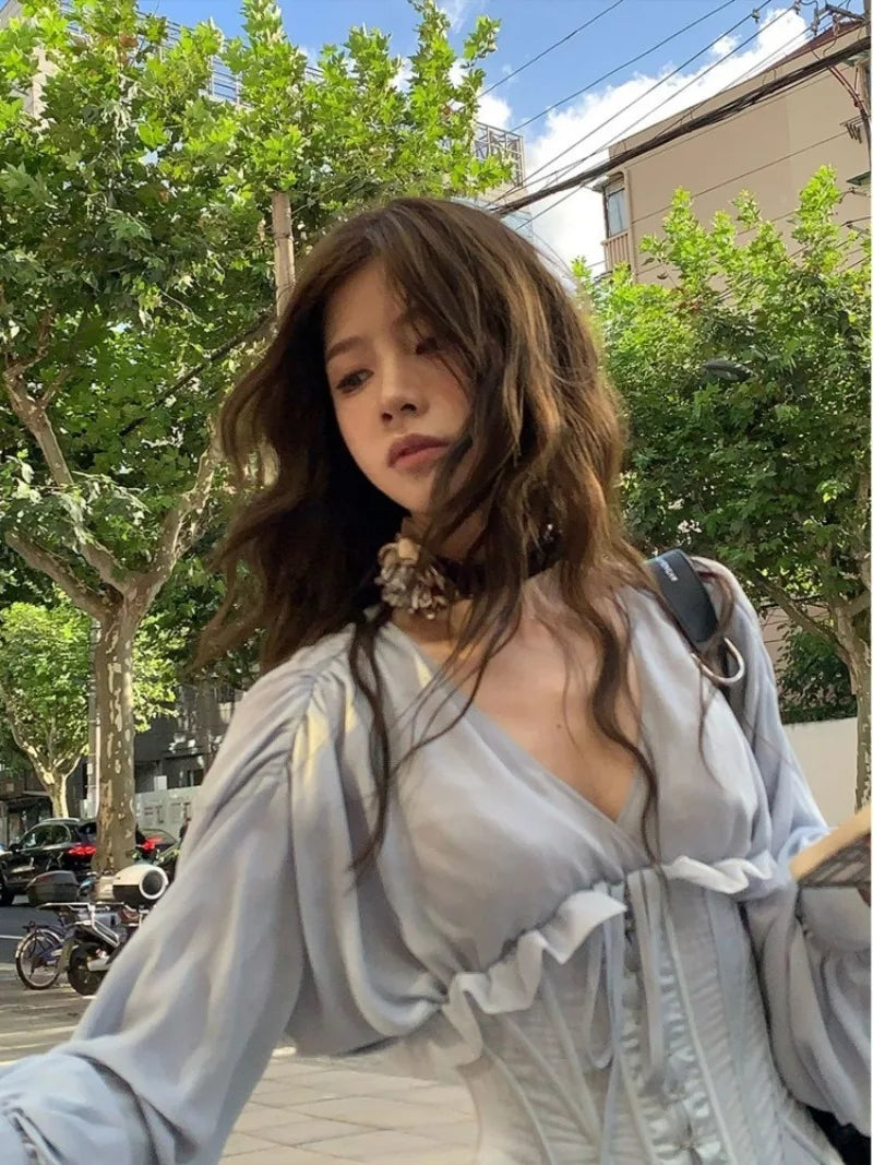 BXOXO Sweet Blue Mesh Slim Waist Cummerbund+ Y2k Grunge V-neck Long Sleeve A-line Dress for Women 2025 Spring New Two Piece Sets