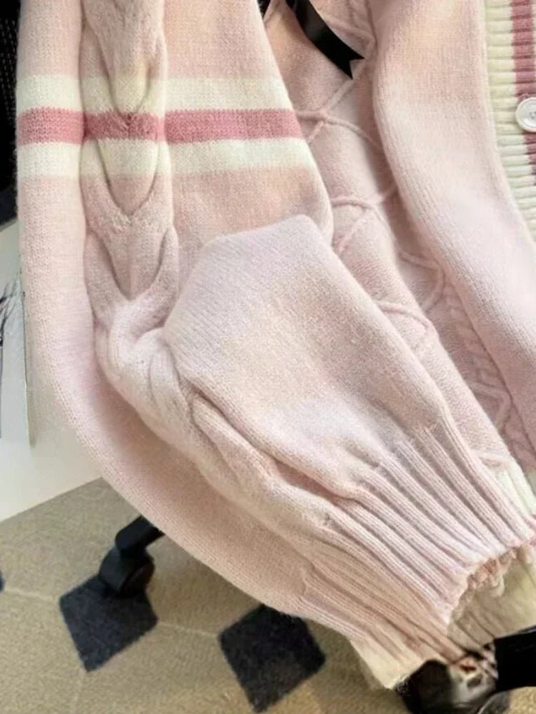 BXOXO Sweet Bow Knitted Cardigans Y2k Aesthetic All Match Contrast Color Coats Fashion Single Breasted Women Kawaii JK Sweaters Jumper
