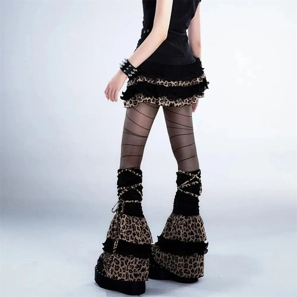 Bxoxo Y2K Leopard Print Ruffle Kawaii Vintage Skirts Goth Black Aesthetic Subculture Short High Waist Punk Cake Fluffy Cute Slim Skirt