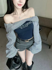 Bxoxo Sexy Slash Neck T Shirt Women Autumn Fashion Striped Patchwork Slim Long Sleeve Pullover Y2K Korean Chic Letter Print Streetwear