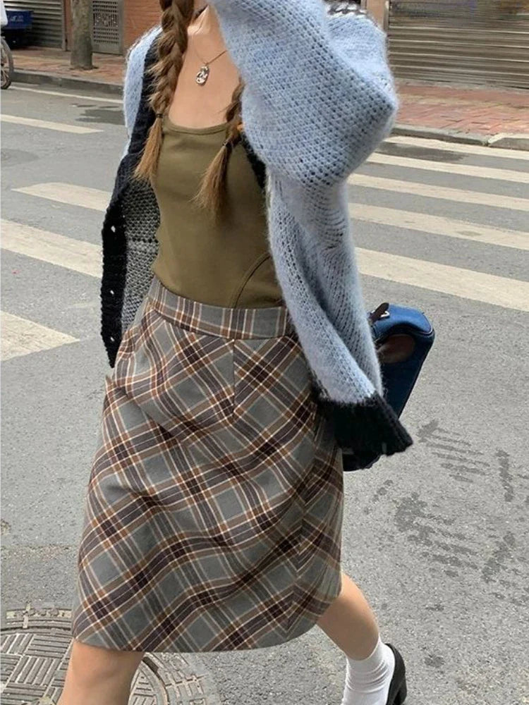 BXOXO Grey Plaid Skirts Women Autumn High Waist French Temper College A-line Skirt Faddish Simple Retro Designer Knee-length Faldas