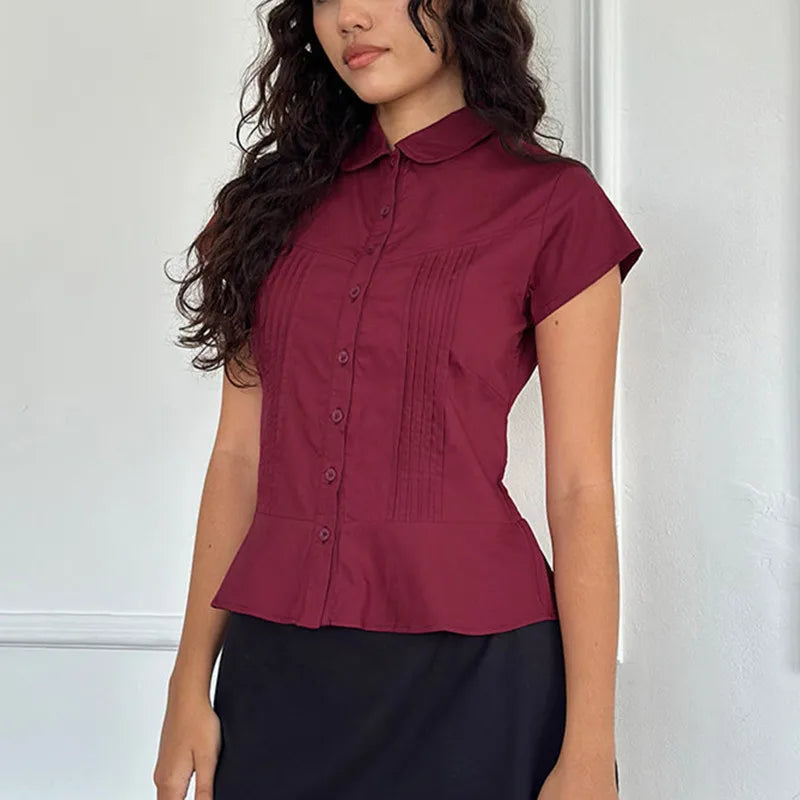 BXOXO Women Coquette Short Sleeve Button Up Shirt Y2K Preppy Vintage Tie Waist Lapel Tshirt Aesthetic Crop Top Streetwear