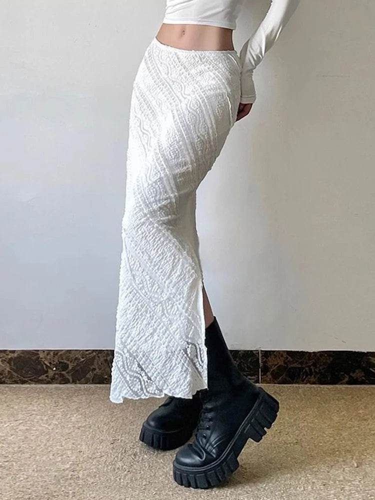 Bxoxo Elegant White Lace Long Skirt Women Vintage Slim Sexy Slit Streetwear Skirts Summer Retro High Waist Design Lady Long Skirt
