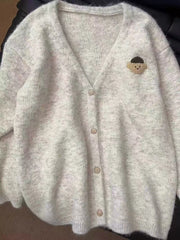 Bxoxo Soft Knit Cardigan for Women Korean Loose V Neck Single Breasted Casual Sweaters Sweet Bear Embroidery Preppy Solid Jumper New