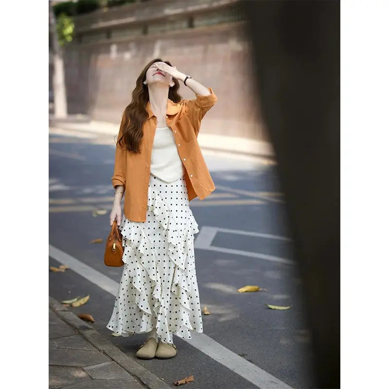 BXOXO Long Skirts Women Polka Fot Irregular Ruffles High Waist French Style Chic Sweet Elegant Skirt Female Fashion Casual