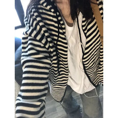 BXOXO Vintage Striped Sweaters Cardigan Women Casual Korean Style Zip Up Knitwear Harajuku Loose Black White Knitted Coats