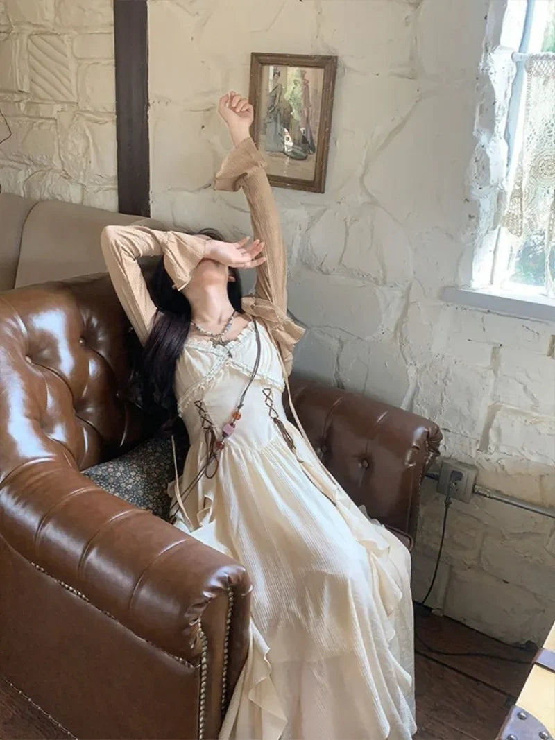 Bxoxo French Fashion Retro Vacation Style Camisole Dress+cardigan Two-piece Set Summer Temperament Long Dresses Female Clothing