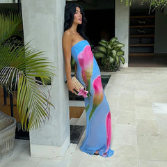 BXOXO Off Shoulder Strapless Floral Print Beach Vacation Chiffon Dress Women Summer Sleeveless Backless Maxi Long Dresses