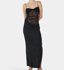 BXOXO Women Spaghetti Strap Long Dress Sexy Lace Patchwork Bodycon Backless Dress Party Club Elegant Ladies Sundress