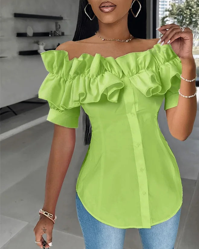 BXOXO Sexy One-piece Collar Slim White Shirt And Blouses Women's Summer Short Sleeve Fashion Ruffle Button Cardigan Female Shirts Top