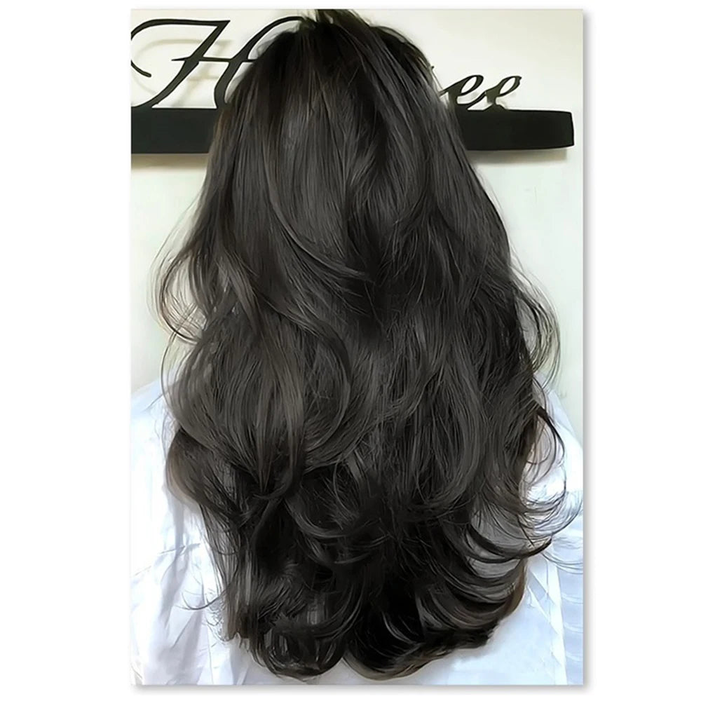 BXOXO Synthetic Women Long Curly Invisible Seamless V-shaped Wig Simulated Increase Volume Fluffy High-level One-piece Hair Extension