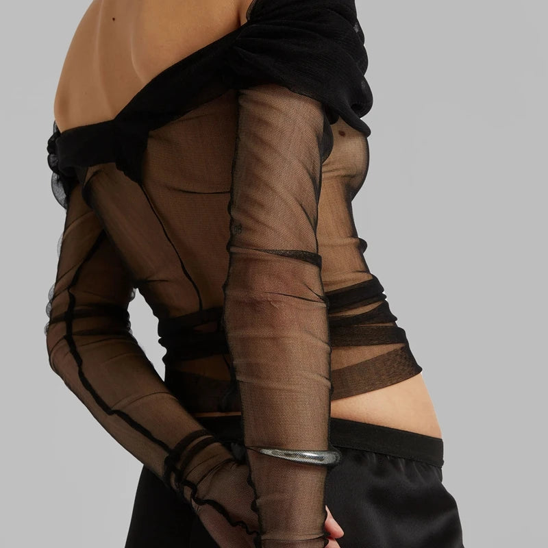 Bxoxo Multi-wear Mesh Sheer Crop Tops Korean Elegant Off the Shoulder T-shirt Chic Women Long Sleeves Slim Fit Cover-Ups Tees