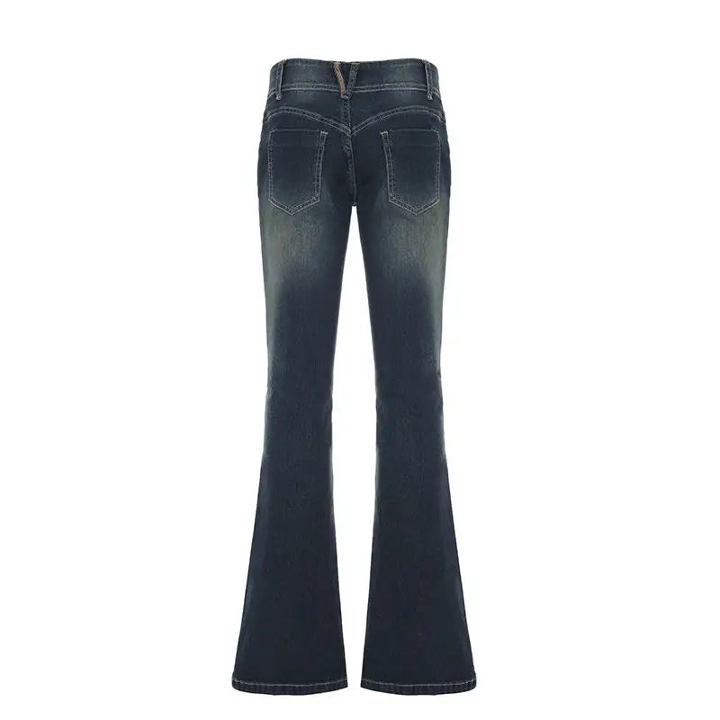 Bxoxo Vintage Washed Basic Flared Jeans Women Low Waist American Style Slim Denim Pants Button-up Trousers Casual Aesthetic